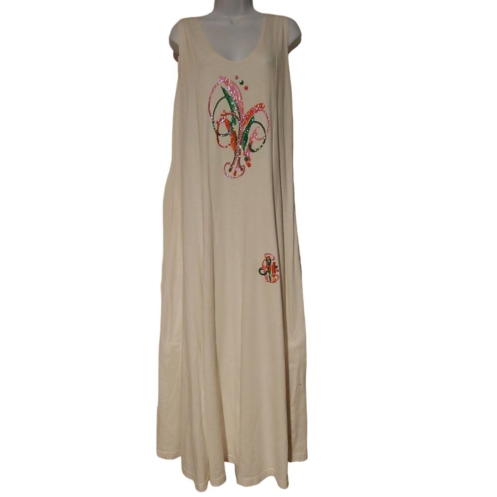 Peanut Punch Maxi White Sleeveless Tank Dress Hand Painted Design Large